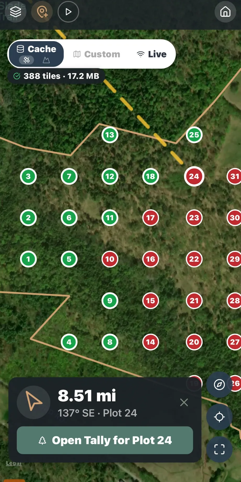 Forest Metrix map on satellite imagery: a tract boundary with a numbered cruise grid, finished plots in green, and navigation to the next plot