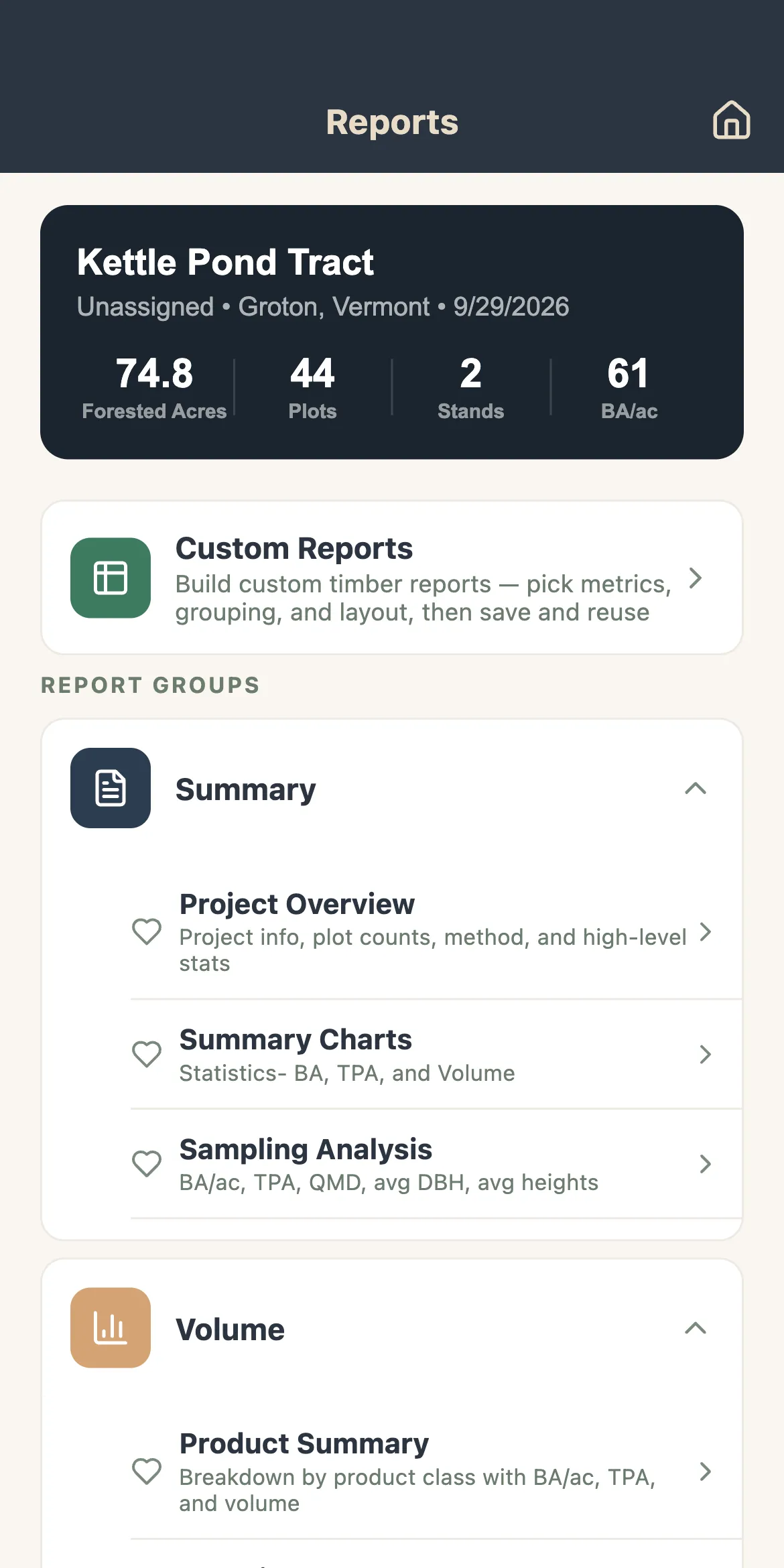 The reports list for a project