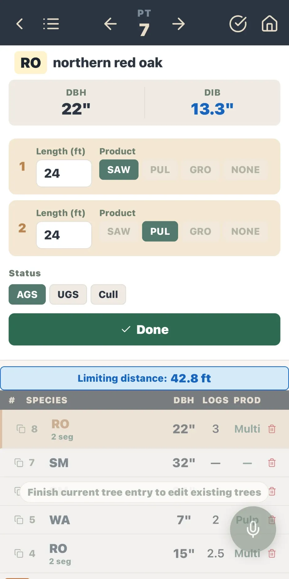 Forest Metrix tally screen: a 22-inch northern red oak called as a 24-foot sawlog and a 24-foot pulp log, with its limiting distance