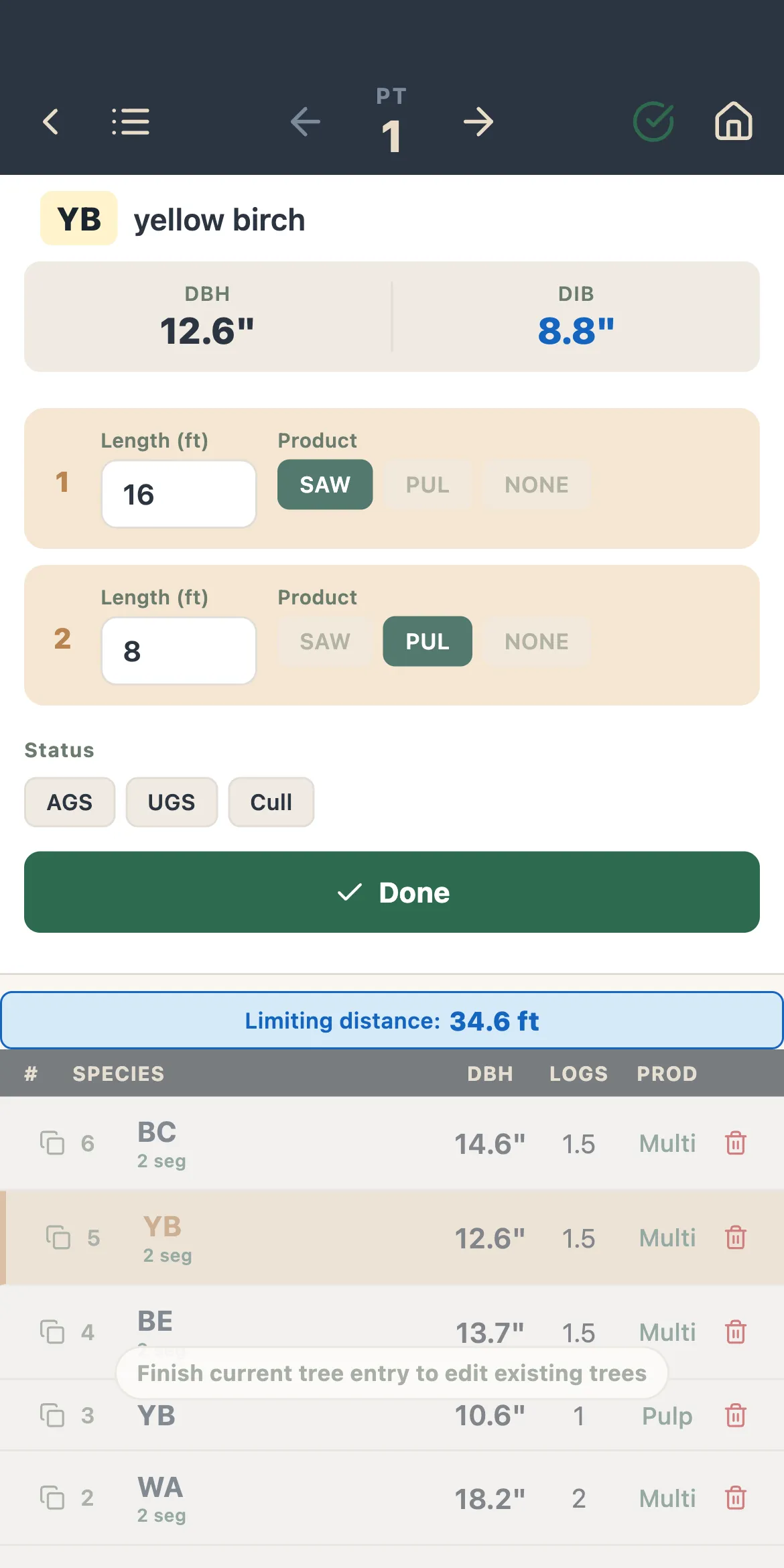 Tree entry: species, diameter, and log-by-log products