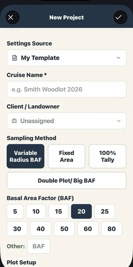 Screen recording: a new project set up from two county parcels, a 4 by 5 chain cruise grid at 22 degrees generated as 21 plots on 51 acres, then navigation to plot 11